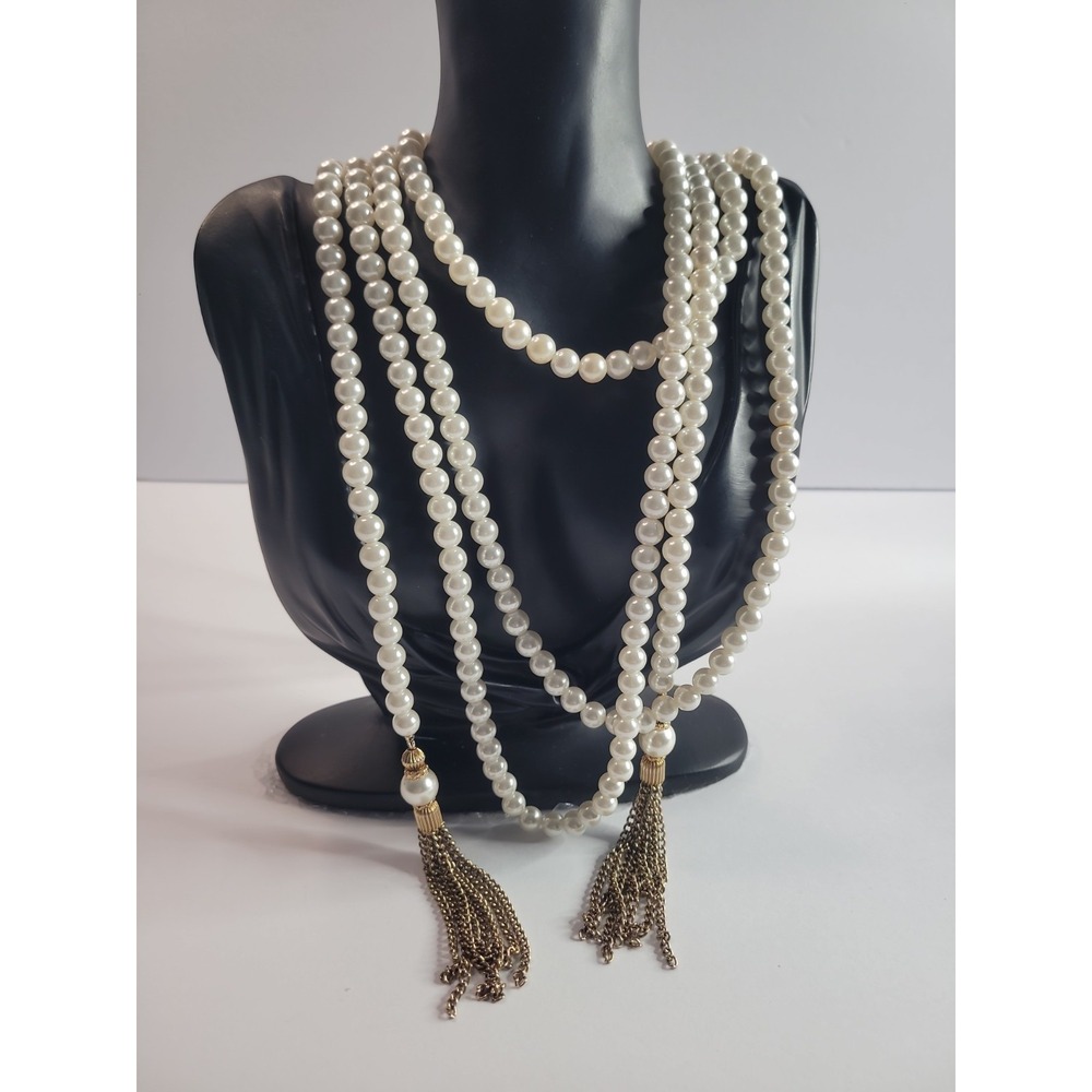 White Beaded‎ Multi Stand Lariat Necklace Gold Tone Chain Tassels Statement
